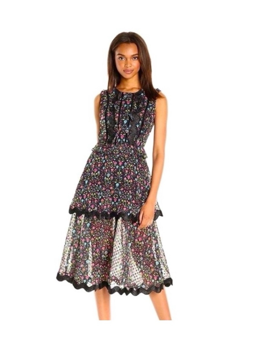 Cynthia Rowley Night Sky Romantic Floral Double Flounce Dress S2